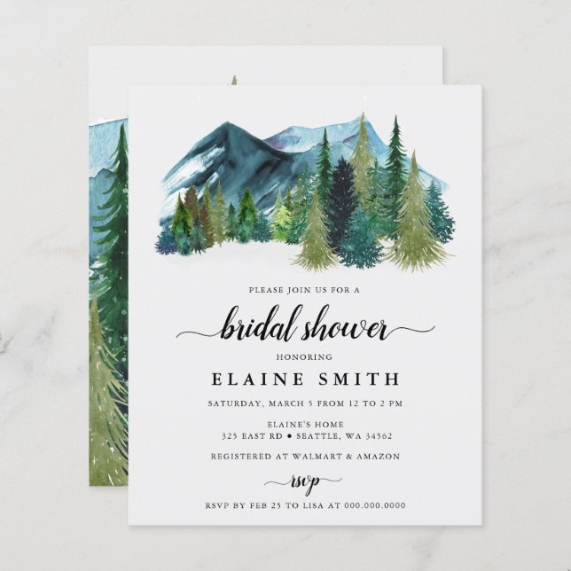 Budget Mountains Pine Bridal Shower Invitation (Front/Back)