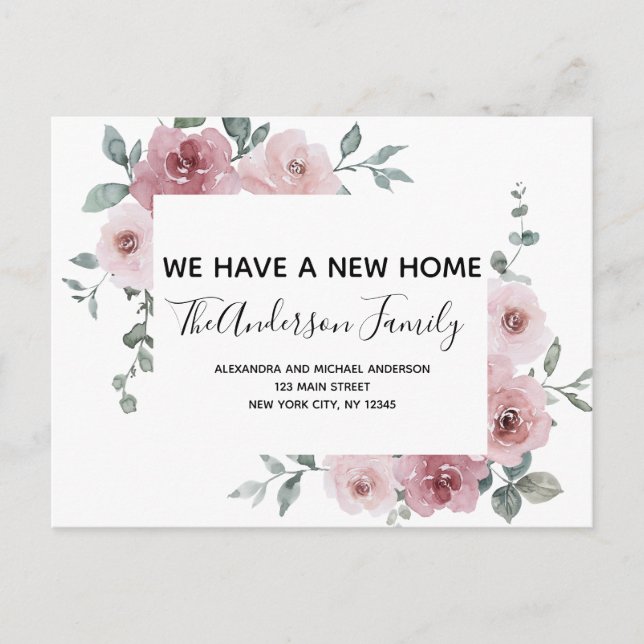 Budget Moving Announcement Dusty Pink Floral Postc Postcard (Front)