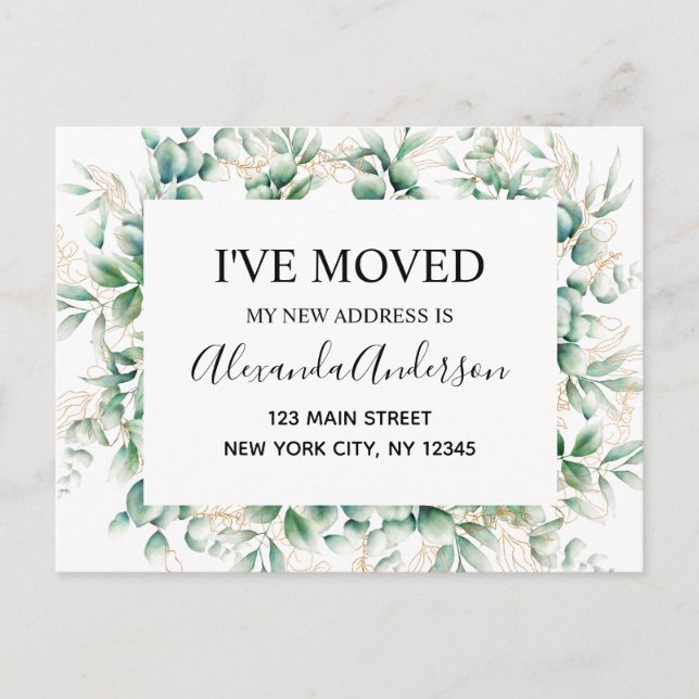 Budget Moving Announcement Eucalyptus Greenery Postcard (Front)
