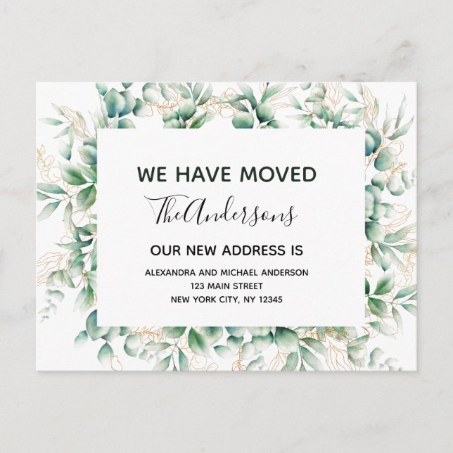 Budget Moving Announcement Eucalyptus Greenery Postcard (Front)