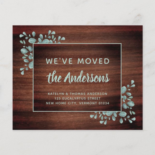 Budget Moving Announcement Rustic Eucalyptus Wood  (Front)