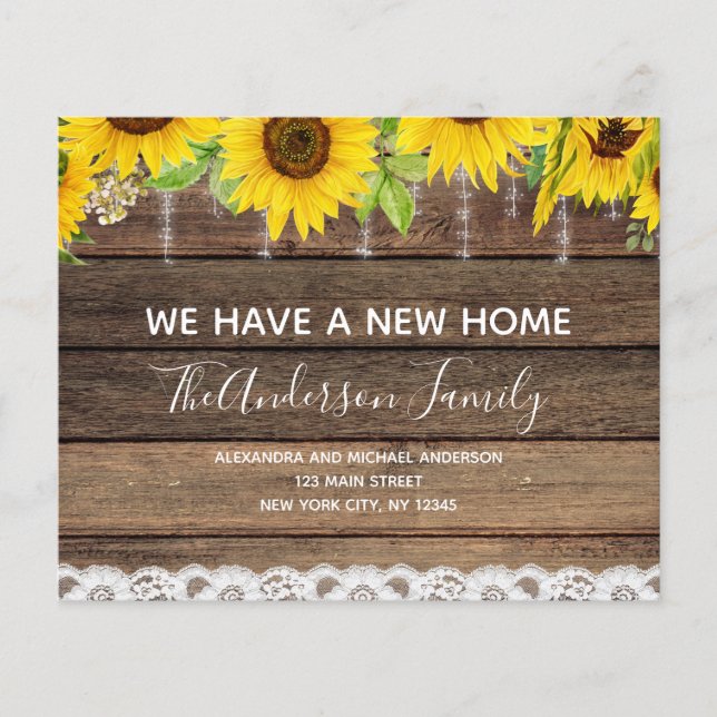 Budget Moving Announcement Rustic Sunflower Wood Flyer (Front)