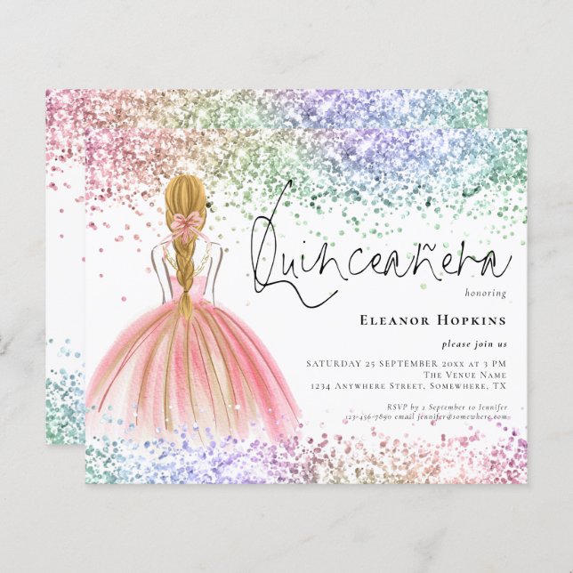 Budget Multicolor Glitter Blonde Quinceanera Invit (Front/Back)