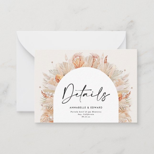 Budget Natural botanical pampas wedding details Card (Front)