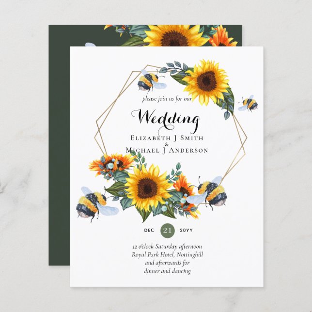 BUDGET Nature Boho Bees Sunflowers Wedding INVITE (Front/Back)