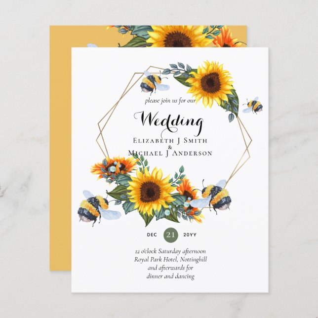 BUDGET Nature Boho Bees Sunflowers Wedding INVITE (Front/Back)