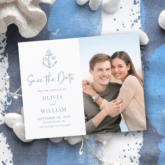 Budget Nautical Anchor Dusty Blue Save the Date (Creator Uploaded)