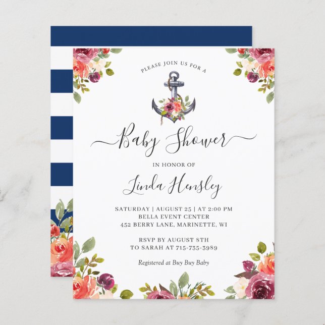 Budget Nautical Anchor Floral Baby Shower Invites (Front/Back)