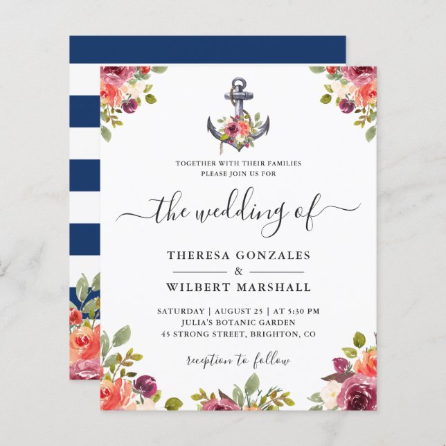Budget Nautical Anchor Floral Wedding Invitations (Front/Back)