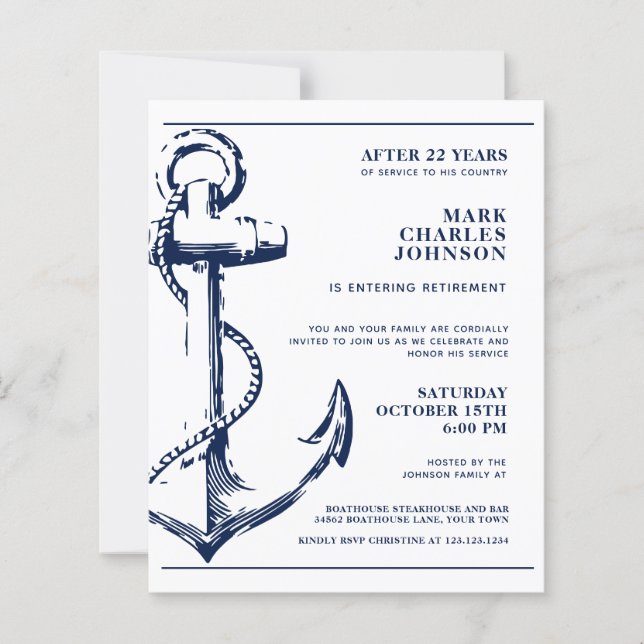 Budget Nautical Anchor Navy Retirement Invitation (Front)