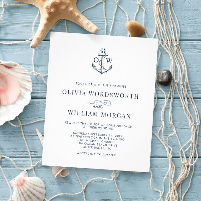Budget Nautical Anchor Navy White Wedding Invite Flyer (Creator Uploaded)
