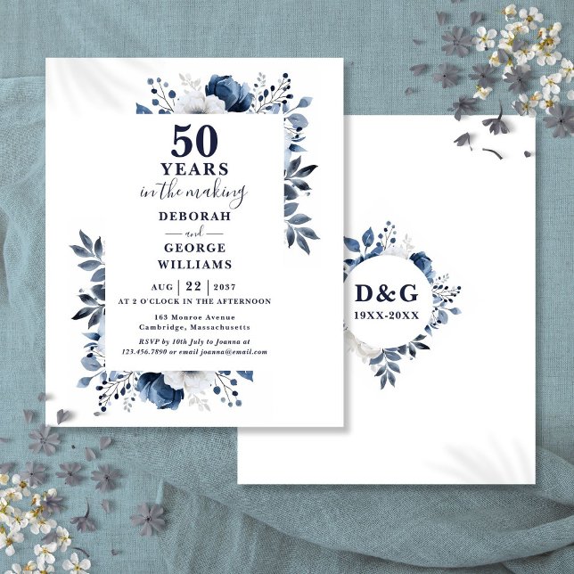 Budget Navy 50th Wedding Anniversary Floral Invite (Budget Navy 50th Wedding Anniversary Floral Invite)