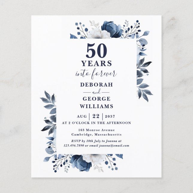 Budget Navy 50th Wedding Anniversary Invitation (Front)