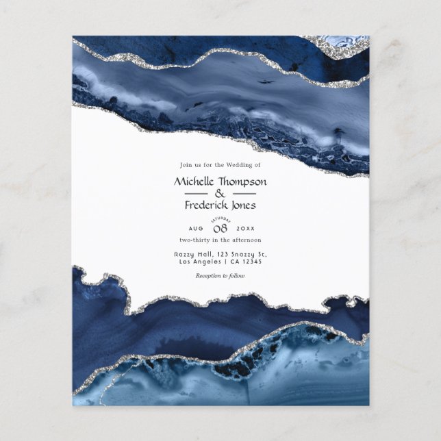 Budget Navy and Silver Agate Wedding Invitation Flyer (Front)