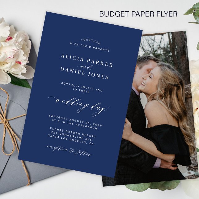 Budget navy and white photo wedding invitation flyer (Creator Uploaded)
