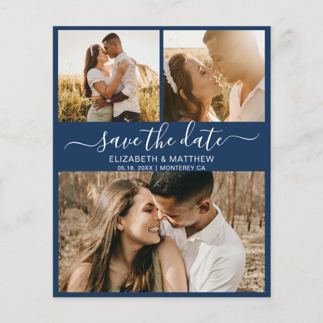 Budget Navy and White Script Photo Save The Date (Front)