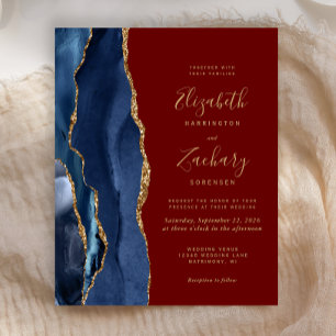 Budget Navy Blue Agate Burgundy Wedding Invitation