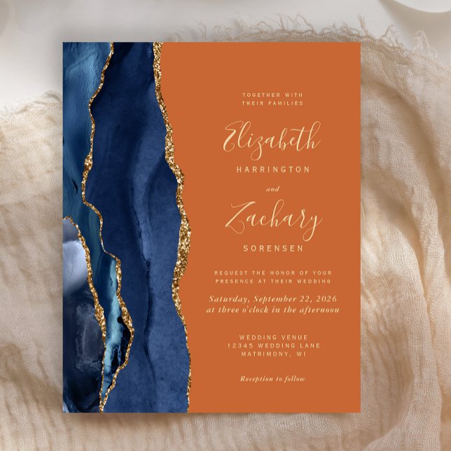 Budget Navy Blue Agate Burnt Orange Wedding Invite (Creator Uploaded)