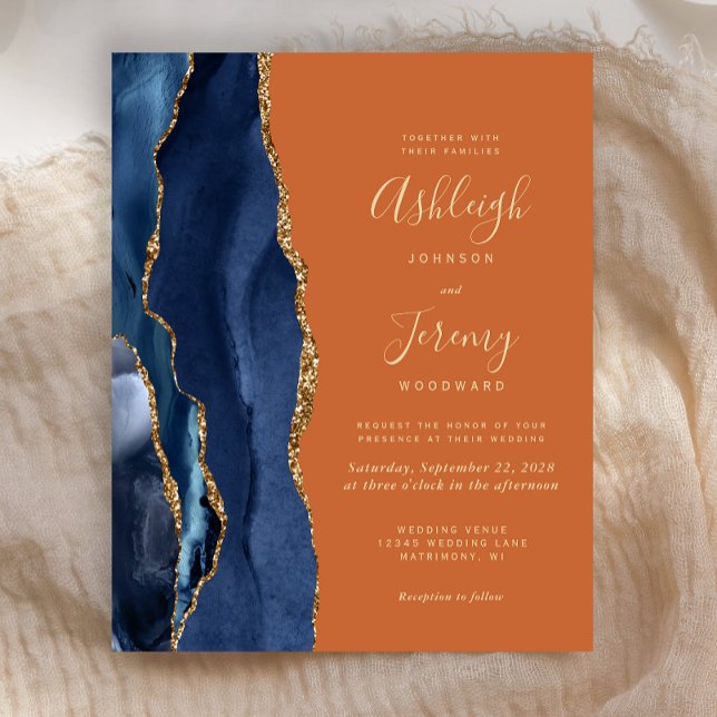 Budget Navy Blue Agate Burnt Orange Wedding Invite (Creator Uploaded)