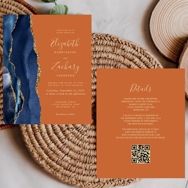 Budget Navy Blue Agate Burnt Orange Wedding Invite (Creator Uploaded)
