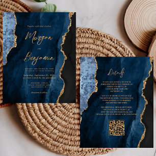 Budget Navy Blue Agate Script QR Code Wedding