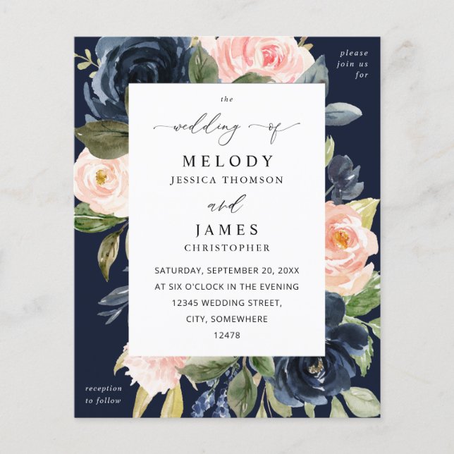 Budget Navy Blue & Blush Pink Floral Wedding Fall Flyer (Front)