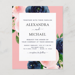 Budget Navy Blue Blush Pink Floral Wedding Flyer