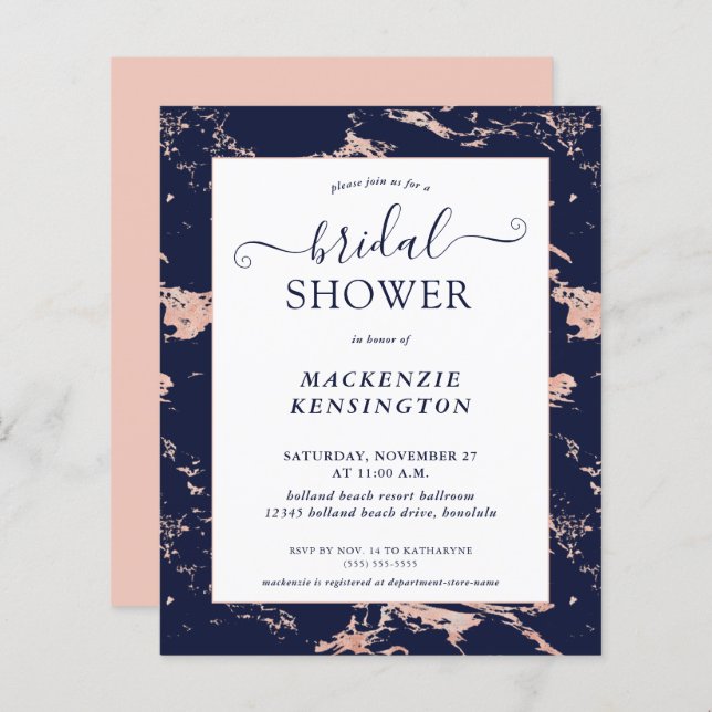Budget Navy Blue Blush Pink Marble Bridal Shower (Front/Back)