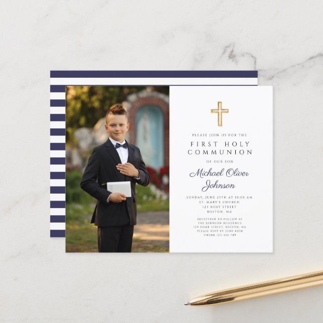 Budget Navy Blue Boy First Communion Photo Invite (Front/Back In Situ)