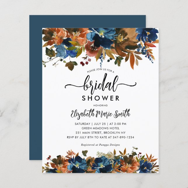 Budget Navy Blue Brown Floral Fall Bridal Shower (Front/Back)