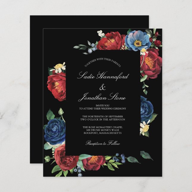 Budget Navy Blue Burgundy Red Wedding Invitation (Front/Back)