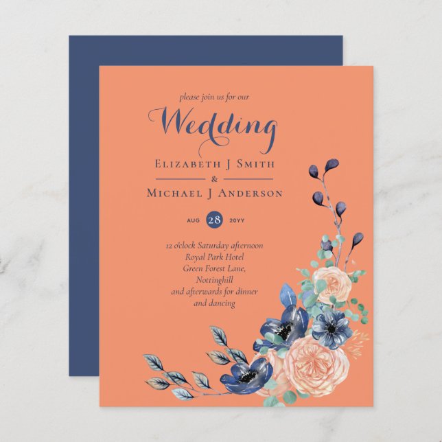 Budget Navy Blue Coral Floral Wedding Invites (Front/Back)