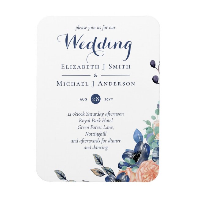 Budget Navy Blue Coral Floral Wedding Invites Magnet (Vertical)
