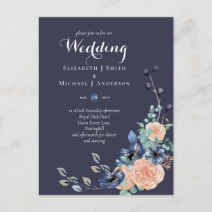 Budget Navy Blue Coral Floral Wedding Invites Postcard