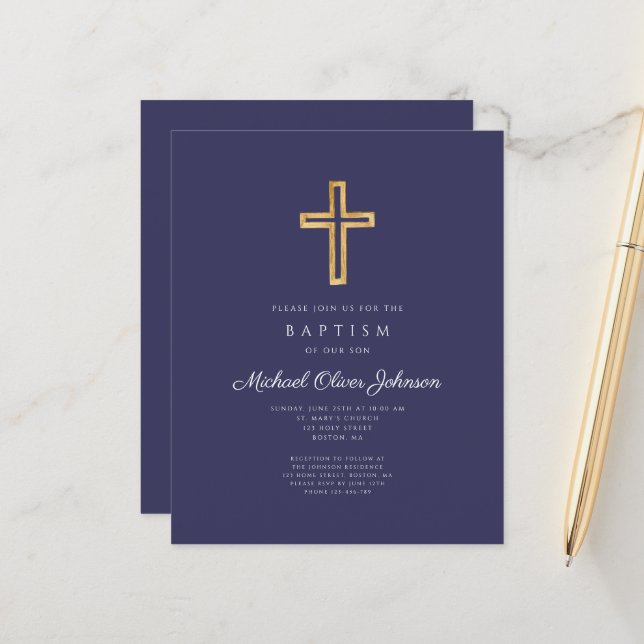 Budget Navy Blue Cross Boy Baptism Paper Sheet (Front/Back In Situ)