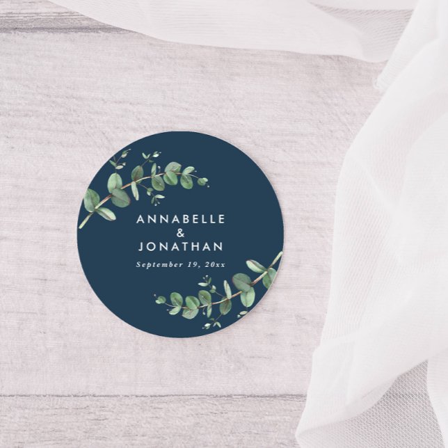 Budget navy blue eucalyptus foliage wedding favour classic round sticker (Creator Uploaded)