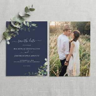 Budget Navy Blue Eucalyptus Photo Save the Date