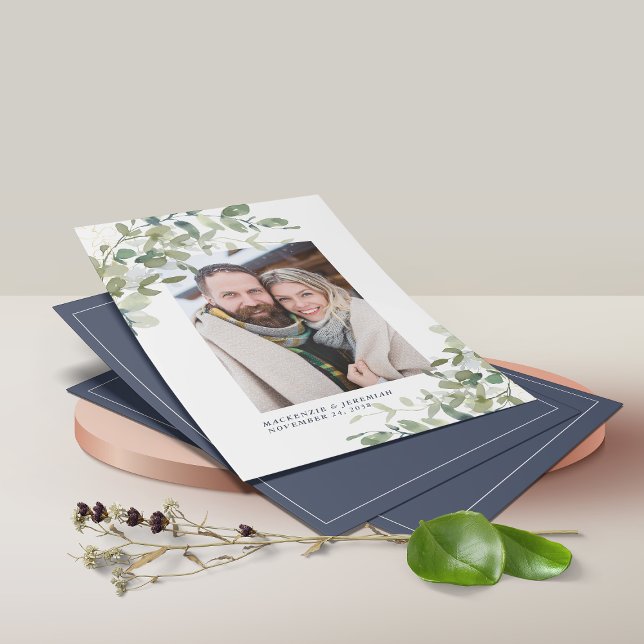 BUDGET Navy Blue Eucalyptus Photo Save the Date Flyer (Creator Uploaded)