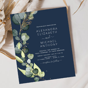 Budget Navy Blue Eucalyptus Wedding Invitations