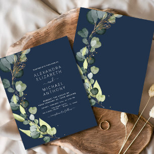 Budget Navy Blue Eucalyptus Wedding Invitations