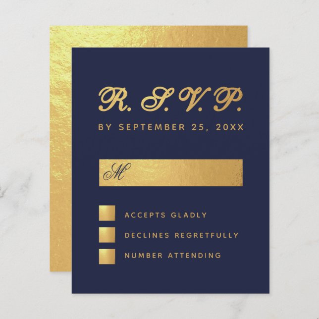 Budget Navy Blue Faux Gold Script Wedding RSVP (Front/Back)