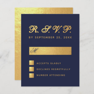 Budget Navy Blue Faux Gold Script Wedding RSVP