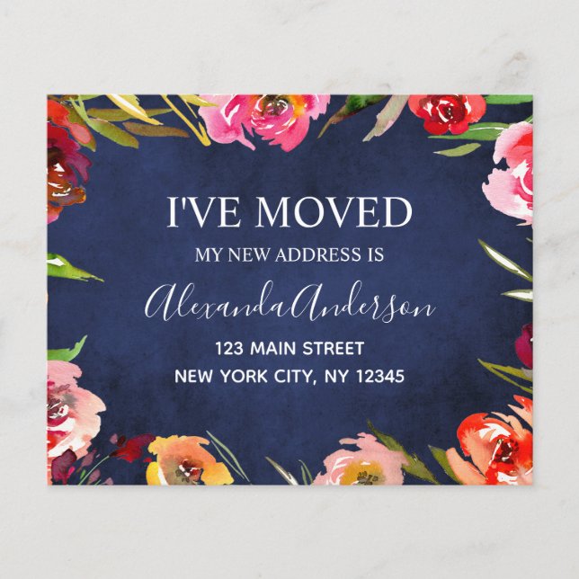 Budget Navy Blue Floral Moving Announcement Flyer (Front)