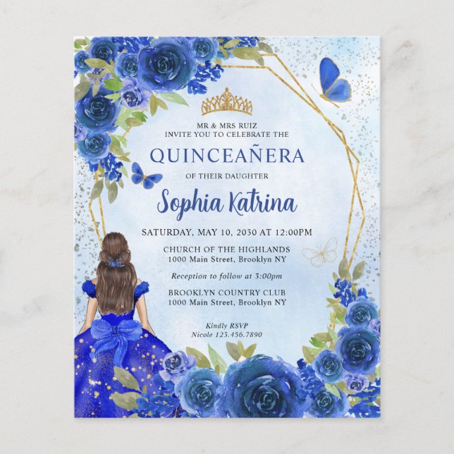 Budget Navy Blue Floral Princess Quinceañera Photo (Front)