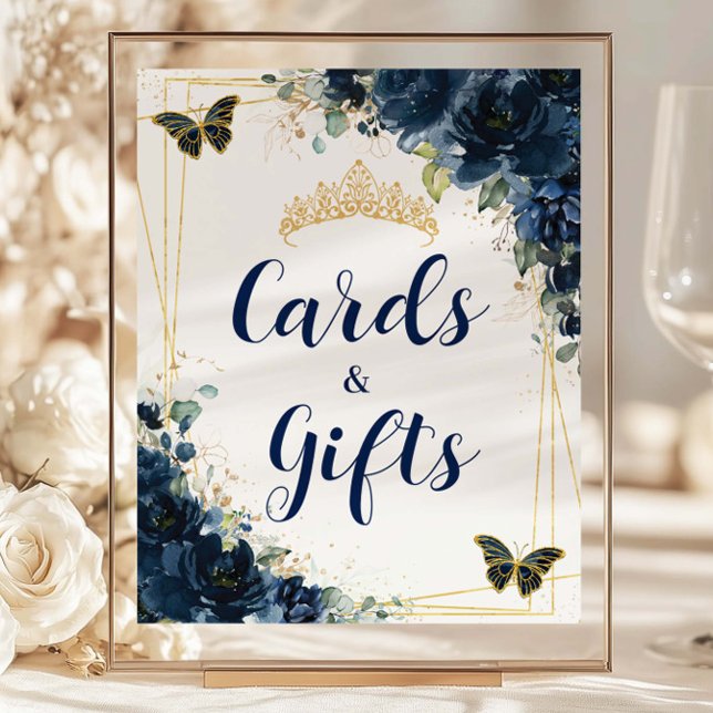 Budget Navy Blue Floral Quinceañera Card & Gifts (navy-blue-floral-butterflies-gold-quinceanera-sweet-16-birthday-party-cheap-card-and-gift-sign)