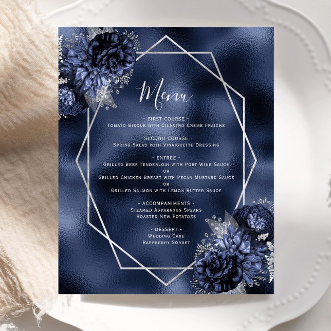 Budget Navy Blue Floral Silver Wedding Menu (Creator Uploaded)