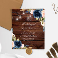 Budget Navy Blue Flowers Rustic Wedding Invitation