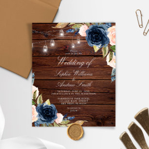 Budget Navy Blue Flowers Rustic Wedding Invitation