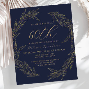 Budget Navy Blue Gold 60th Birthday Invitation