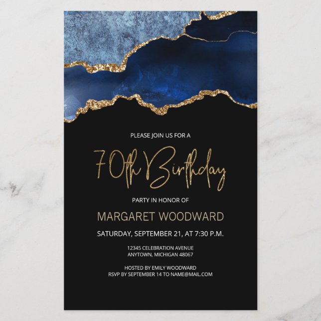 Budget Navy Blue Gold Agate 70th Birthday Invite (Front)